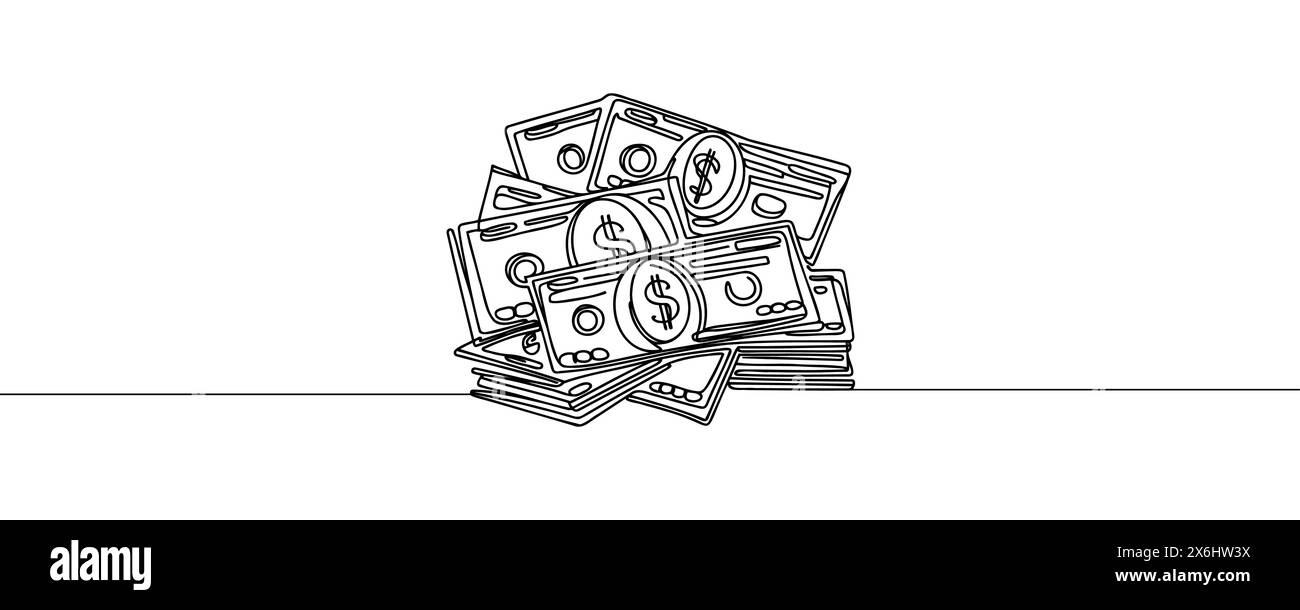 un mucchio di banconote, contanti, banconote, dollari, in un'unica linea. Disegno continuo di dollari. Illustrazione Vettoriale