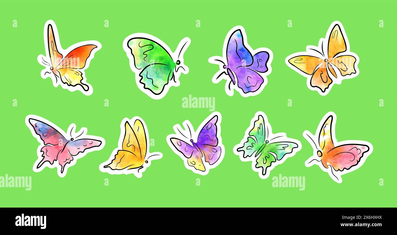 Farfalle disegnate con inchiostro e aquarelle, adesivi Illustrazione Vettoriale