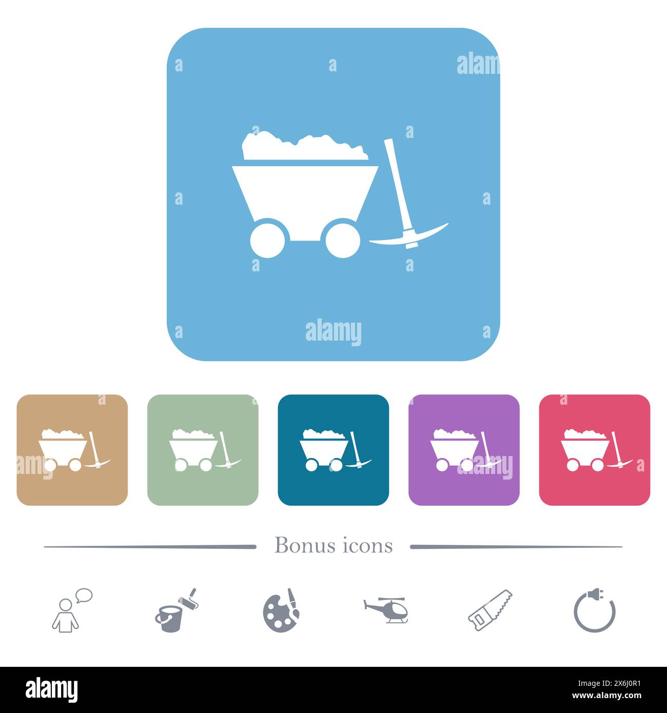 Caricato il carrello della miniera e piccone bianco piatto icone su colore arrotondato sfondo quadrato. 6 icone bonus incluse Illustrazione Vettoriale