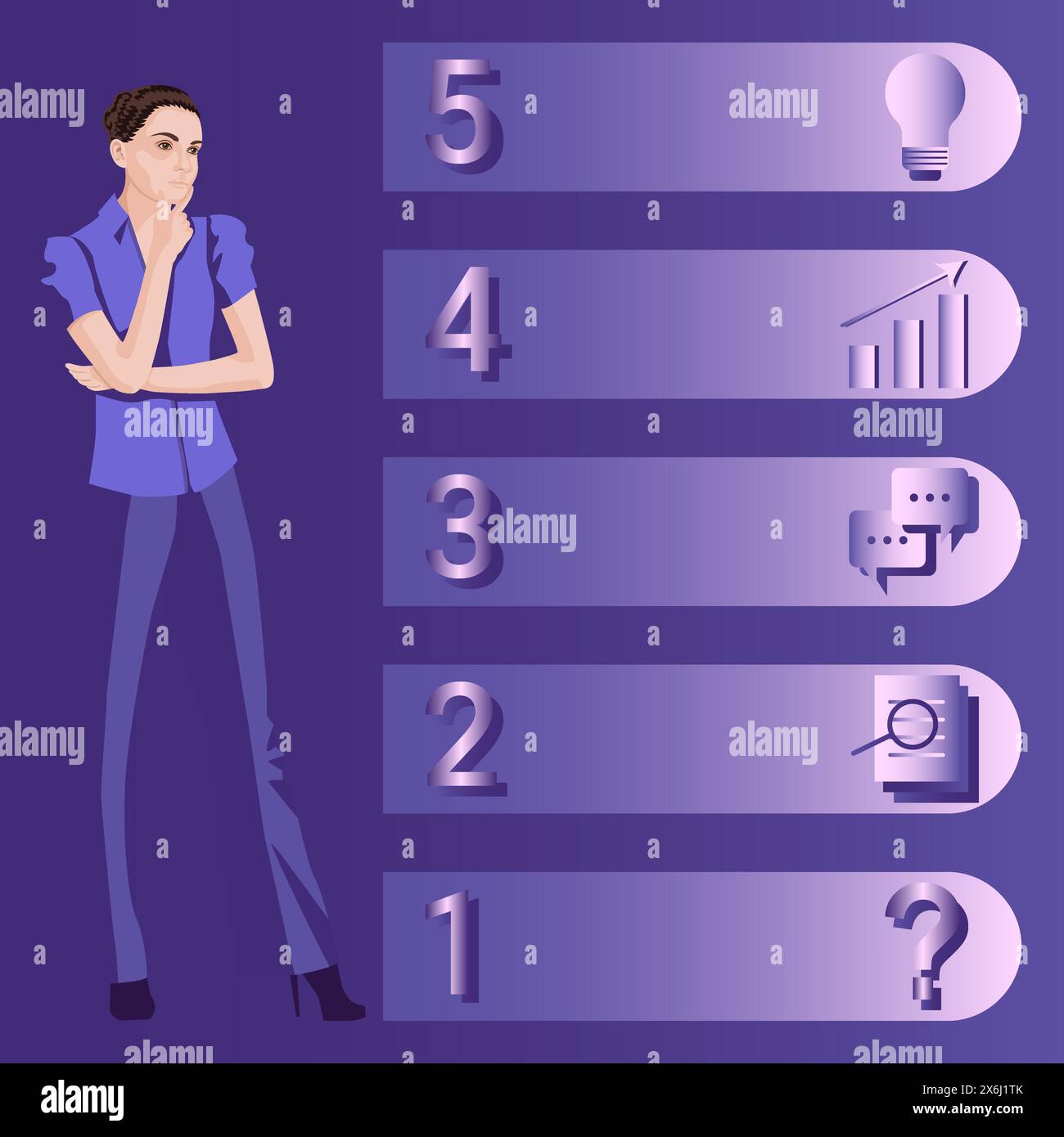 Una donna utilizza 5 passaggi per identificare un problema o un'opportunità nel processo decisionale. Concetto di business. Illustrazione vettoriale piatta. Illustrazione Vettoriale