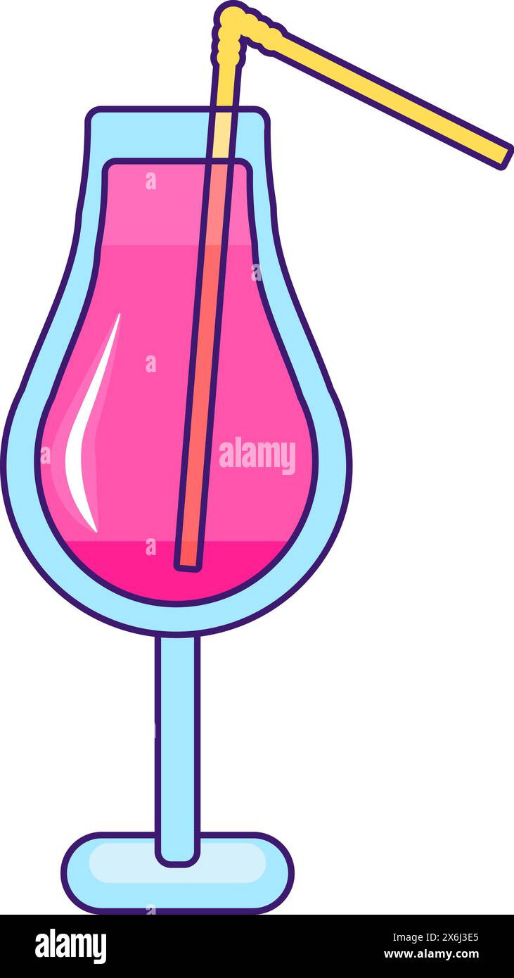 Cocktail di bacche tropicali. Bicchiere alto su stativo sottile con cocktail di lamponi e paglia. Icona delle vacanze estive. Elemento vettoriale traccia semplice isolato su WI Illustrazione Vettoriale