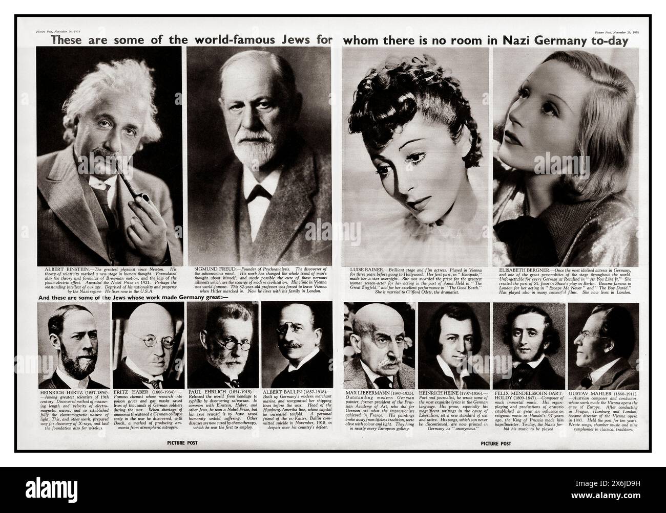 Prima della seconda guerra mondiale 1938 la censura antisemita nazista famoso popolo ebraico per il quale il partito nazista tedesco trova inaccettabile e viene bandito, tra cui Felix Mendelssohn, Gustav Mahler, Albert Einstein, Sigmund Freud ecc.. Sentimento anti-ebraico nella Germania nazista degli anni '1930. Articolo in Picture Post 26 novembre 1938 Regno Unito Foto Stock