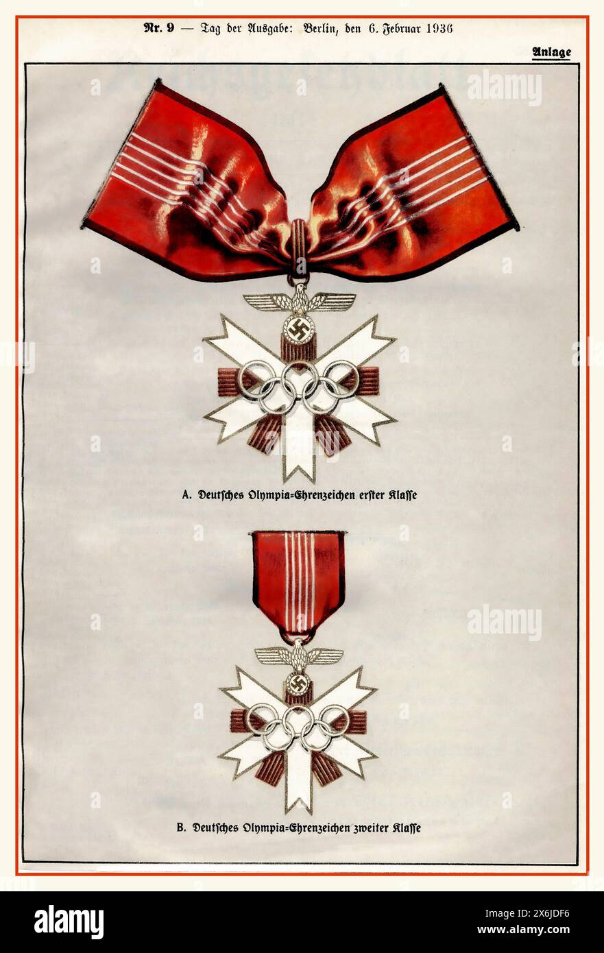 OLIMPIADI 1936 Germania nazista illustrazione dalla Gazzetta della legge Imperiale della Germania, 1936, delle medaglie d'Onore Olimpiche di prima e seconda classe. Foto Stock