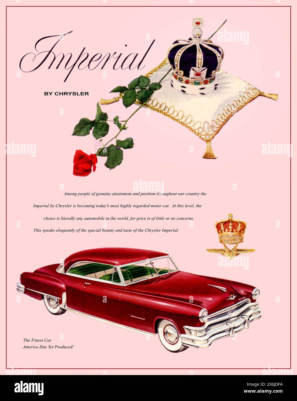 Chrysler Imperial 2 dr anni '1950, pubblicità coupé con una corona reale su un cuscino di peluche che riecheggia l'incoronazione britannica nel 1953 della regina Elisabetta II. Chrysler Corporation USA America 1952 Foto Stock
