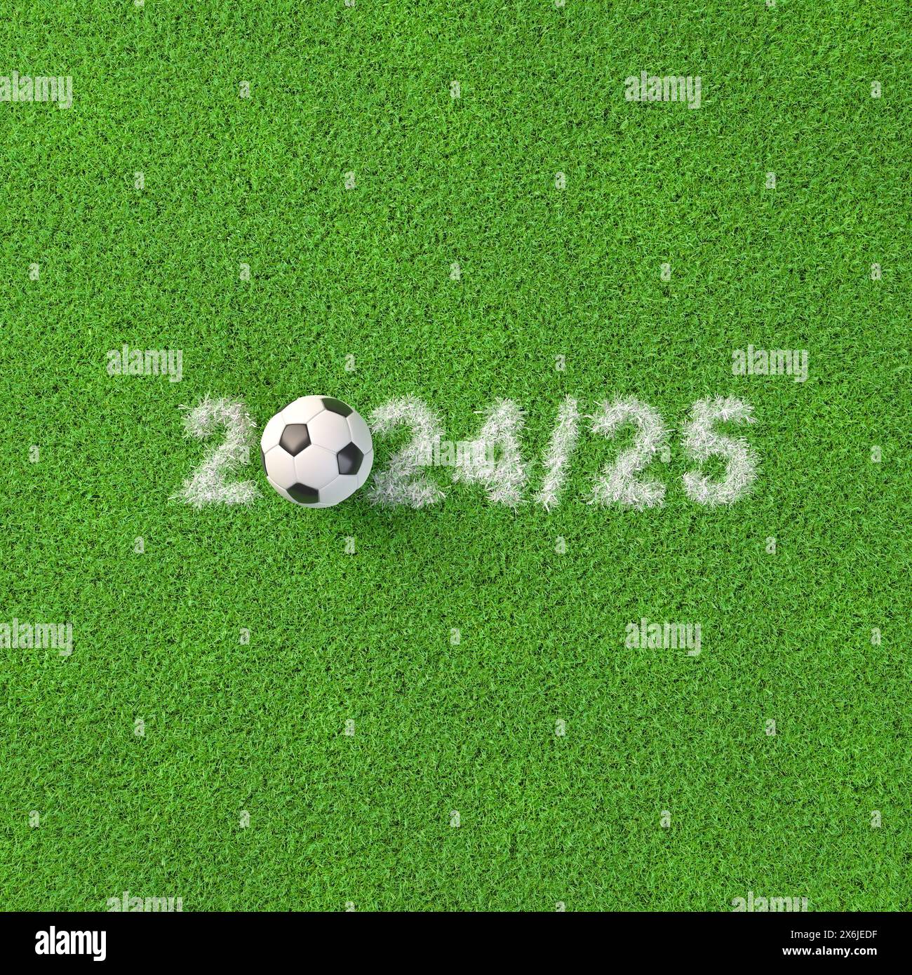 Stagione calcistica 2024/2025. Un pallone da calcio all'interno del testo 2 24/25 visualizzato come segno gesso nell'erba. Ampio spazio di copia per il ritaglio. Foto Stock