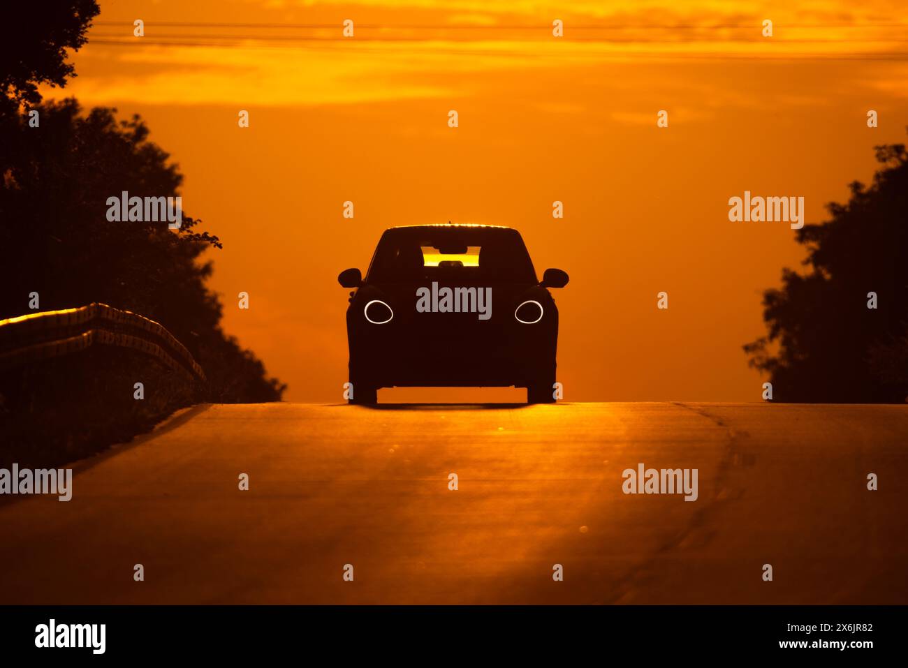 Un'auto viaggia lungo una strada di campagna a Francoforte sul meno, Francoforte sul meno, Assia, Germania, al mattino all'alba Foto Stock