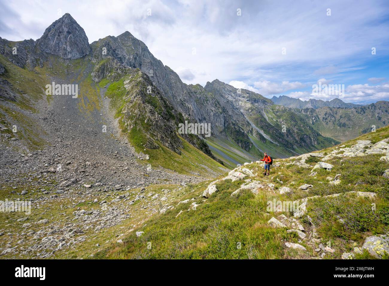 Alpinista su un sentiero escursionistico in sella, cime rocciose appuntite Letterspitze e Steinwand all'Obergailtaler Joch, Carnic Main Ridge Foto Stock