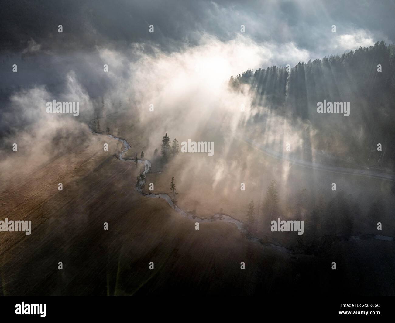 Vista aerea, atmosfera suggestiva, sole che splende attraverso la foresta e la nebbia, Ammergau, alta Baviera, Baviera, Germania Foto Stock
