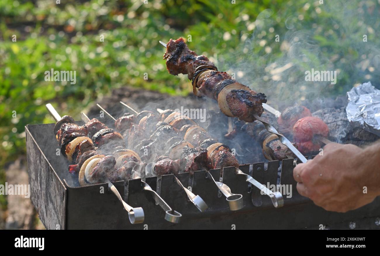 lo shish kebab viene cucinato alla griglia Foto Stock