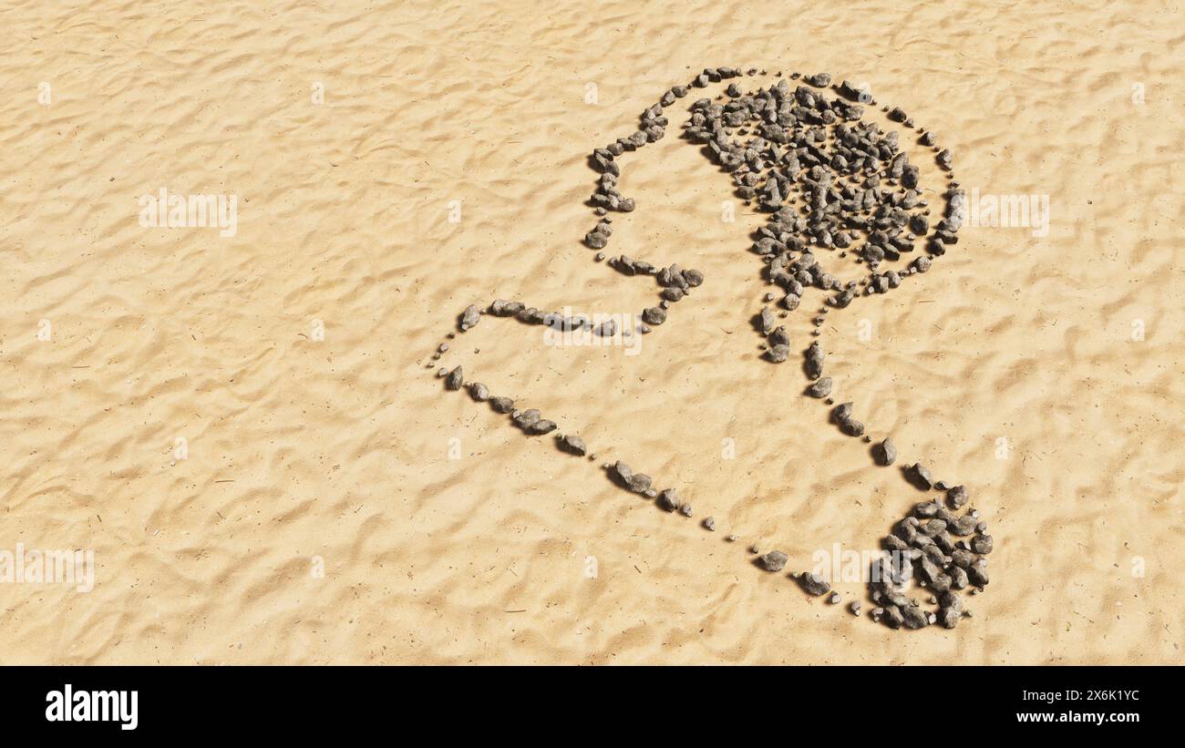 Concept pietre concettuali sulla spiaggia sabbia forma simbolo fatta a mano, sfondo sabbioso dorato, segno di cervello umano. Una metafora dell'illustrazione del 3D per la scienza, Foto Stock