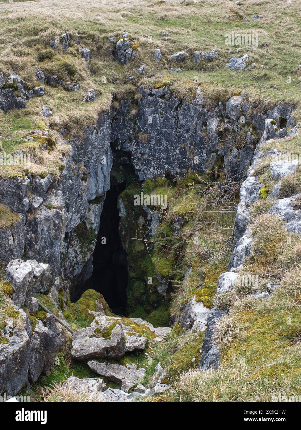 Dowkabottom Cave - una grotta collassata con una Scendi in mezzo alla brughiera aperta a Littondale. Foto Stock