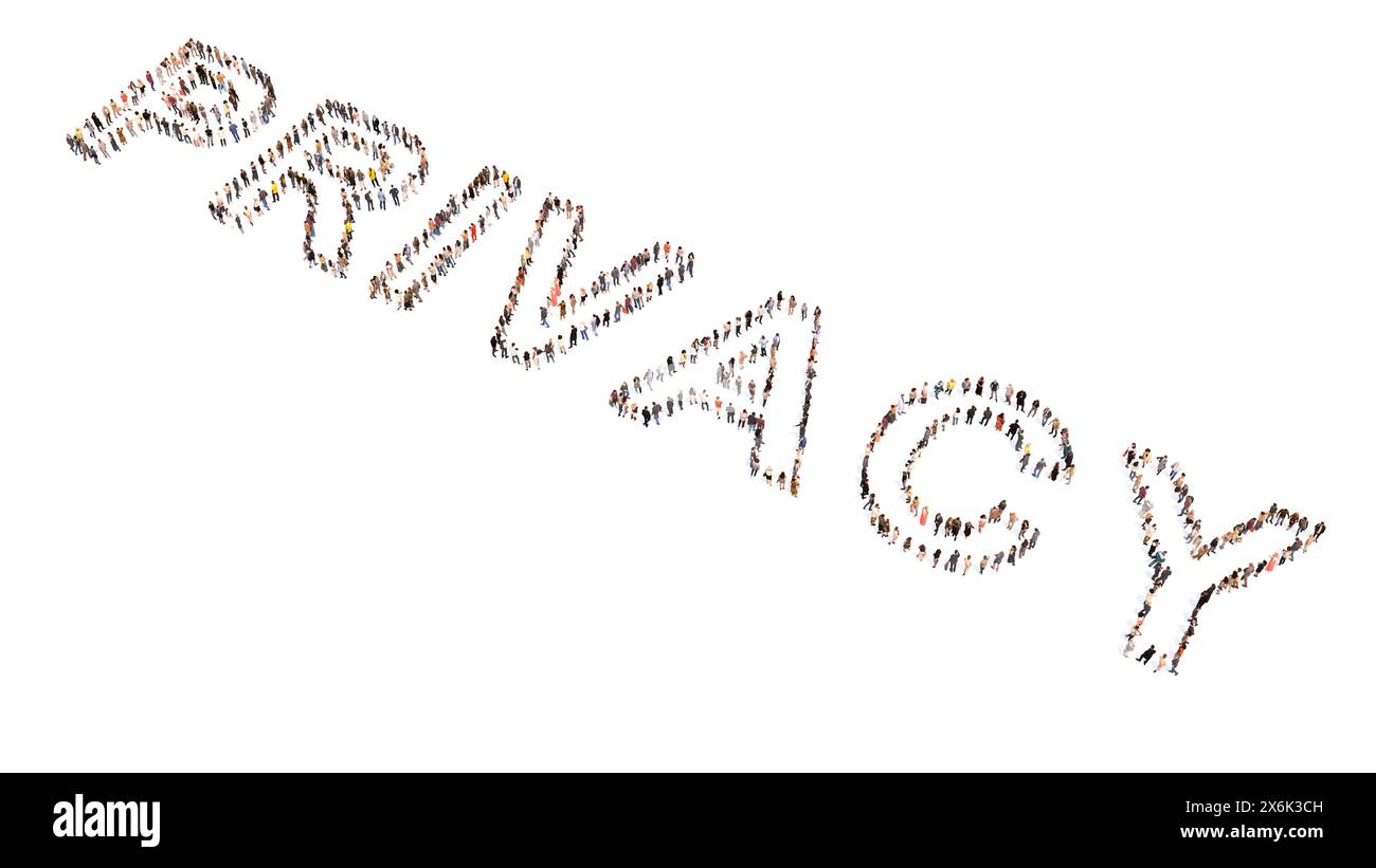 Ampia comunità concettuale di persone che formano la parola PRIVACY. metafora delle illustrazioni 3d per informazioni riservate e personali, sicurezza Foto Stock