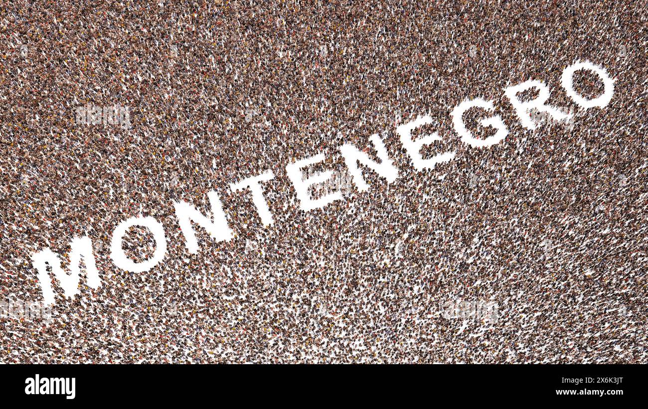 Concetto o concettuale grande comunità di persone che formano la parola MONTENEGRO. metafora dell'illustrazione 3d per cultura, storia e istruzione, politica Foto Stock