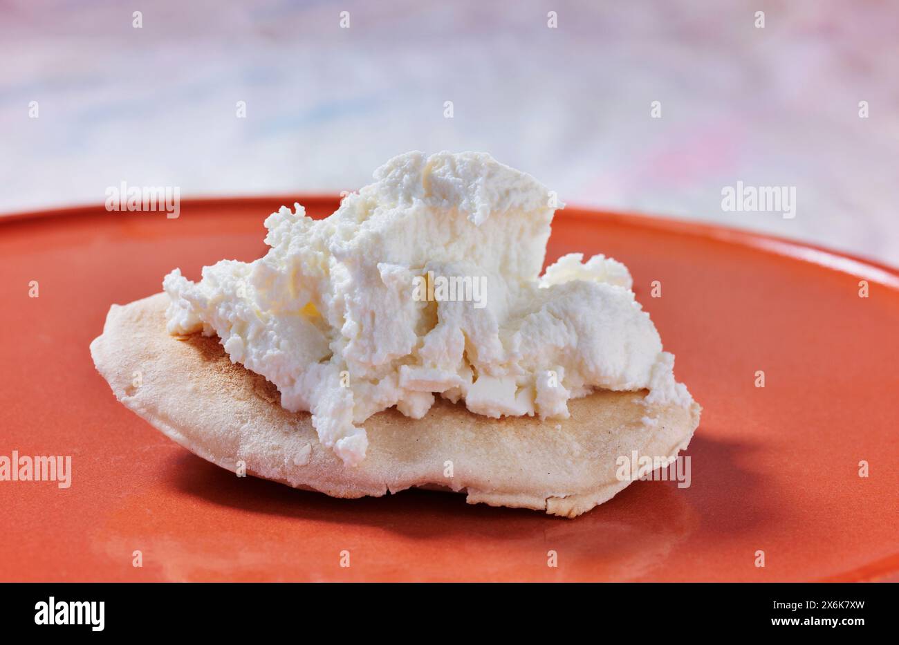 Panino alla ricotta con pane rustico, formaggio fresco di siero di latte italiano Foto Stock