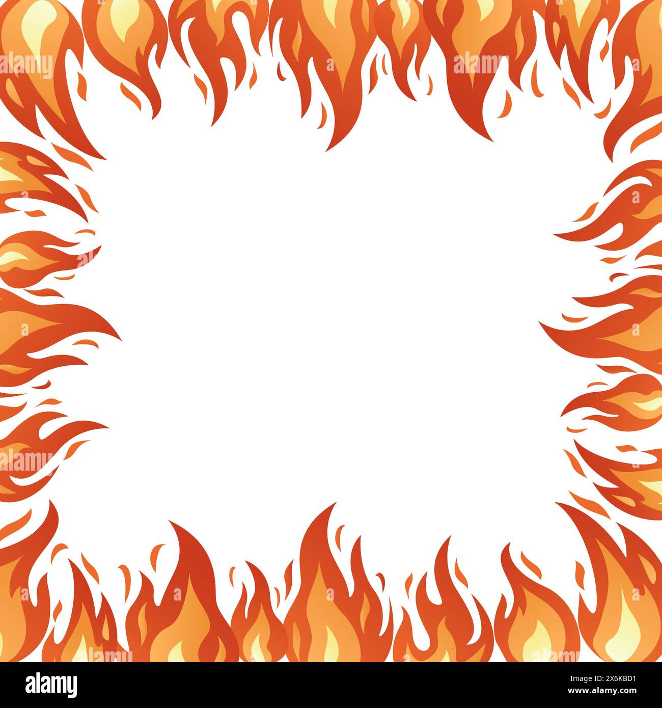 Telaio a fiamma quadrata. Fiamme fiammeggianti, fuoco di fuoco, fuoco di fuoco rosso fuoco di falò caldo. Telaio di combustione disegnato a mano isolato su bianco. Elegante cornice a fumetti in stile piatto. Illustrazione vettoriale Illustrazione Vettoriale