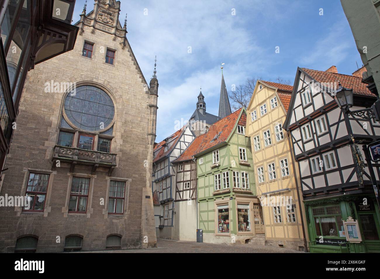 Breite Straße angolo Hoken, città patrimonio dell'umanità di Quedlinburg, Sassonia-Anhalt, Germania Foto Stock