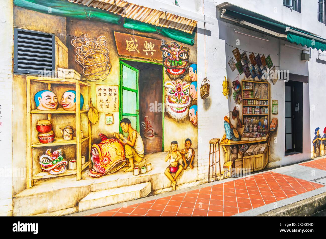 Strade nel quartiere Chinatown, murales, Singapore, Asia Foto Stock