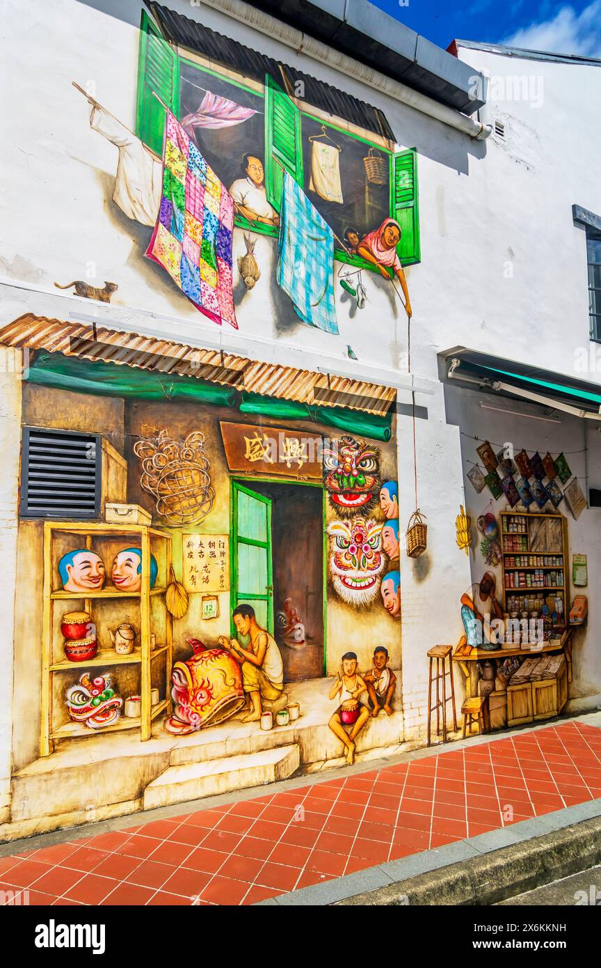 Strade nel quartiere Chinatown, murales, Singapore, Asia Foto Stock