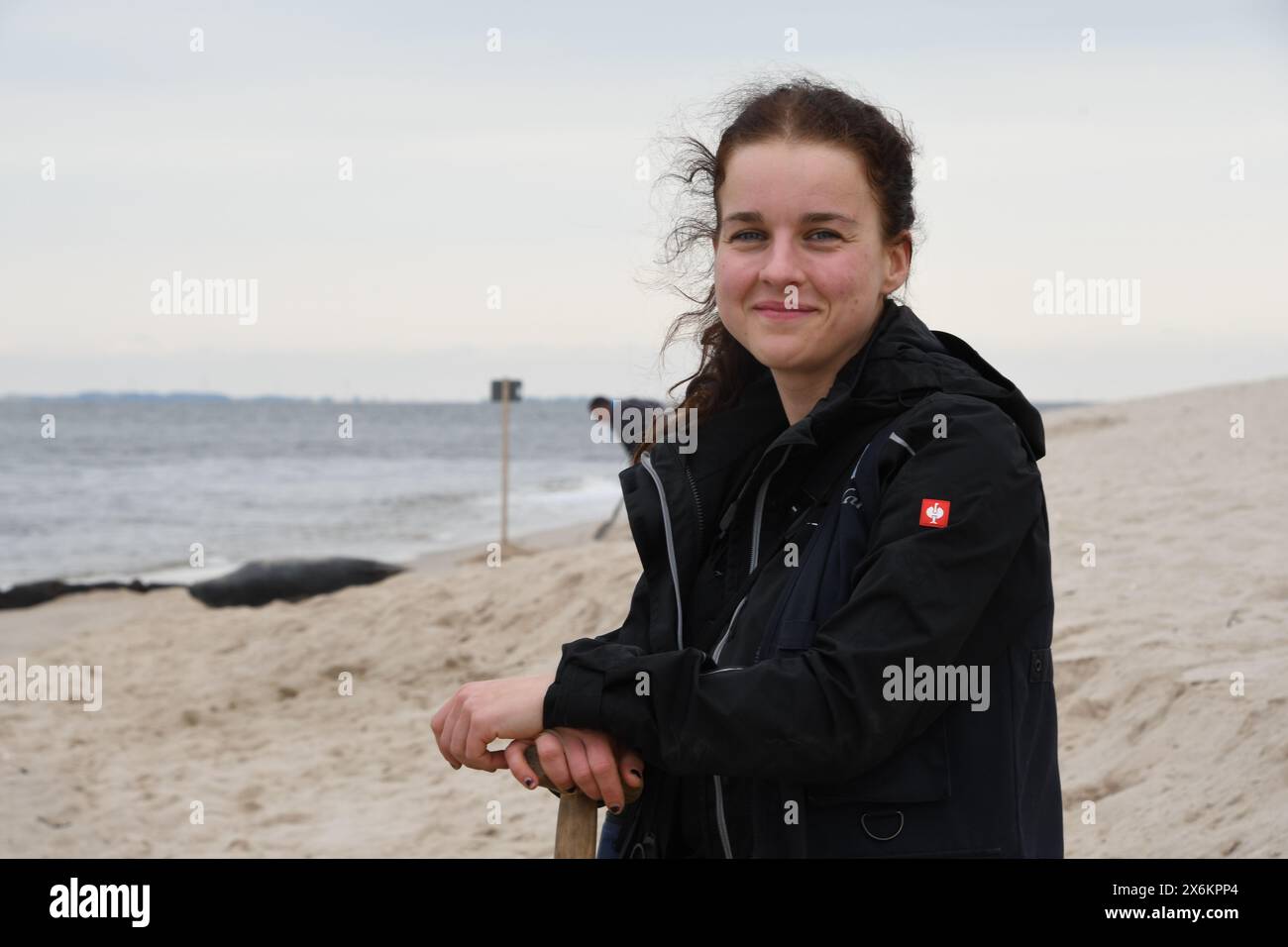 Lista, Germania. 9 maggio 2024. La Ranger Stella Kinne si erge sulla spiaggia nella riserva naturale Lister Ellenbogen (Sylt) - dietro di lei si trova un foca esausta. Il 26enne è responsabile della protezione degli animali qui nella riserva naturale. Crediti: Lea Sarah Albert//dpa/Alamy Live News Foto Stock