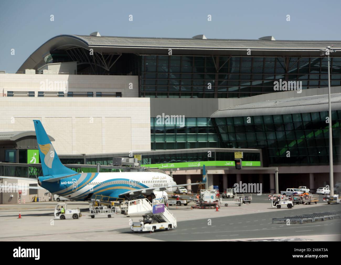 Trasporto bagagli carrello di carico aeroplano Oman Air fuori dall'Aeroporto Internazionale di Mascate Oman Foto Stock