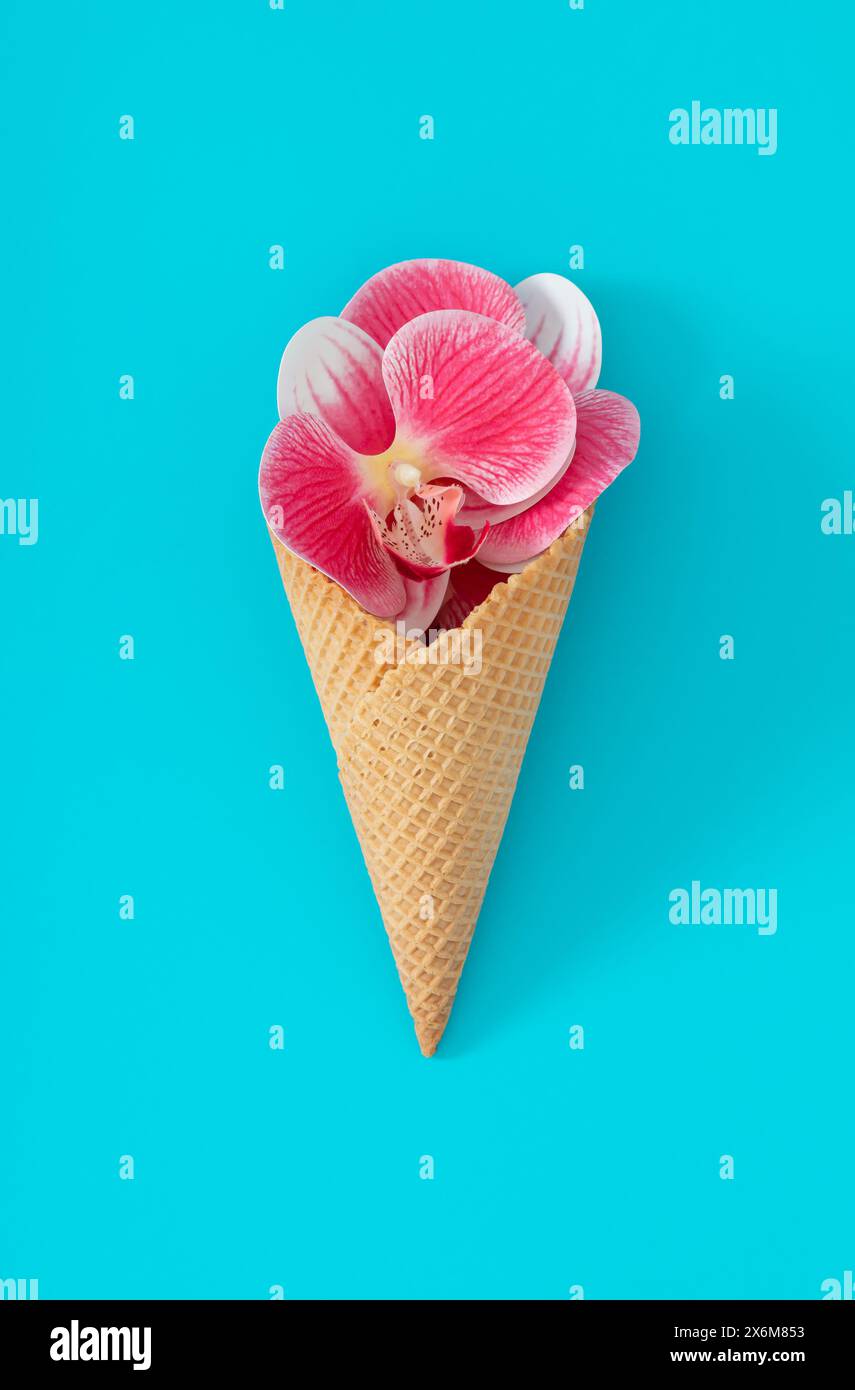 Cono gelato con fiori di orchidea rosa e bianca su sfondo blu acqua. Concept creativo estivo minimalista. Gelato alla moda con l'idea dei fiori. Foto Stock