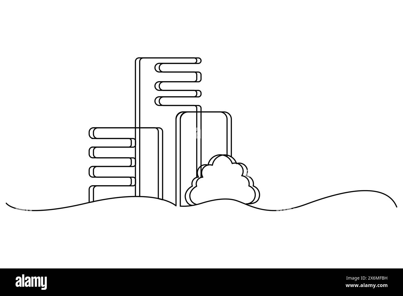 Un semplice disegno in bianco e nero di edifici cittadini con un albero in primo piano, perfetto per design moderni. Illustrazione Vettoriale