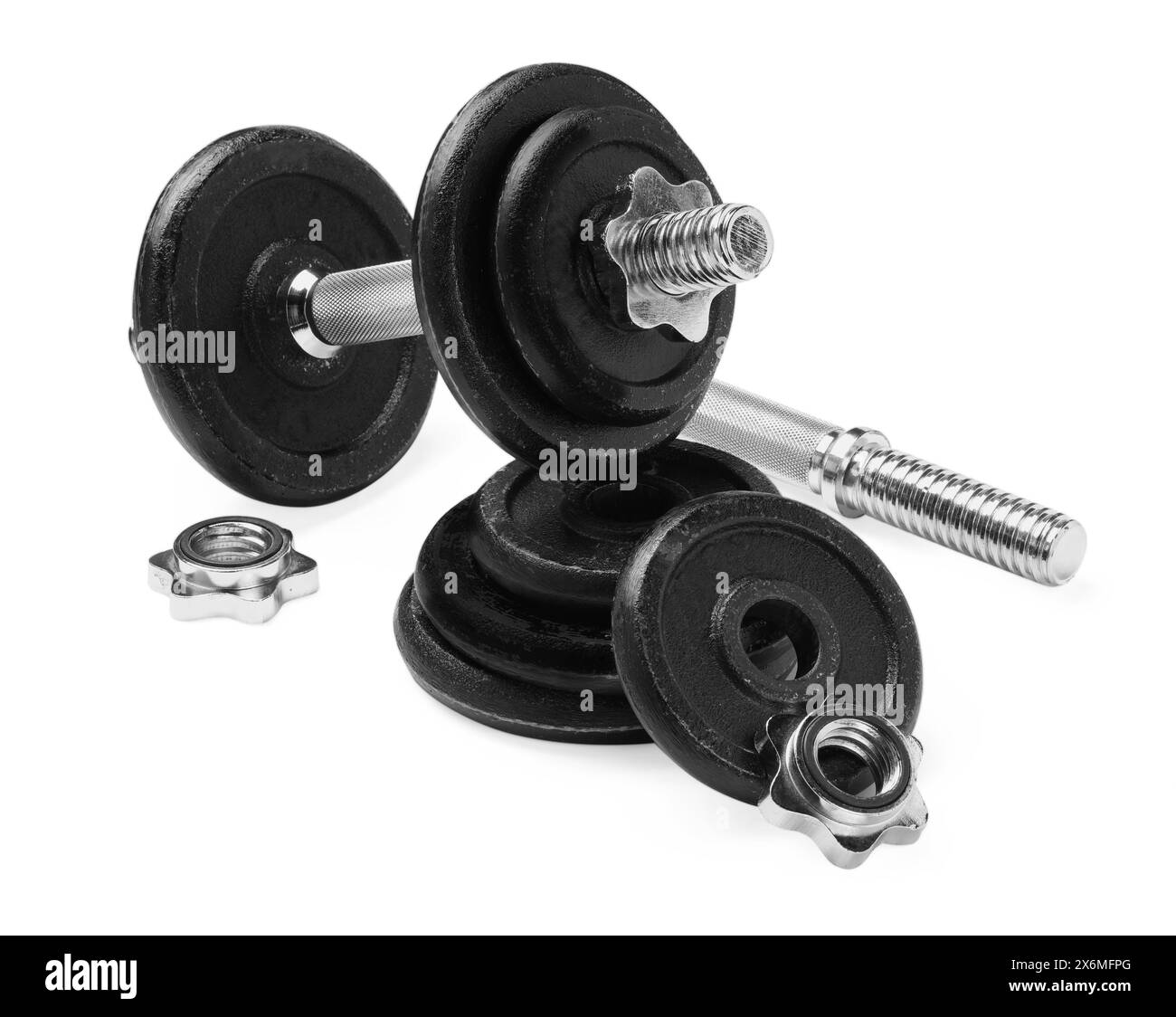 Manubrio in metallo e parti su sfondo bianco. Attrezzature sportive Foto Stock