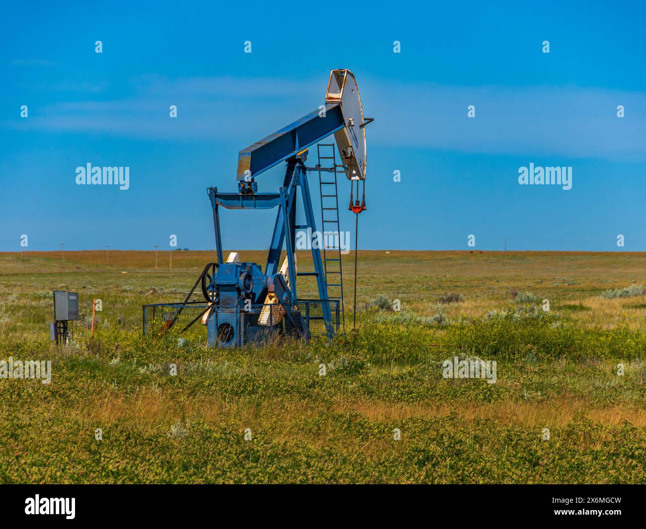 Un piccolo martinetto a pompa che produce olio da un pozzo poco profondo nel sud dell'Alberta Foto Stock