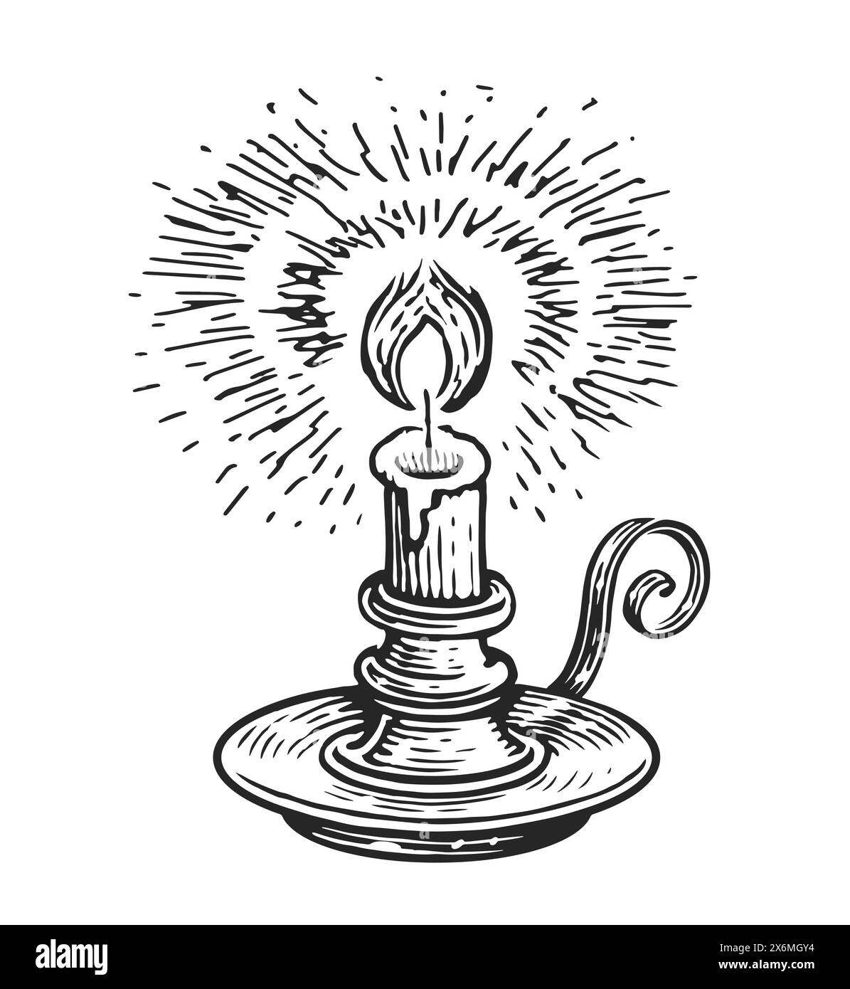 Candela bruciata disegnata a mano in candelabro vintage. Disegno di una vecchia lampada rustica a lume di candela Illustrazione Vettoriale