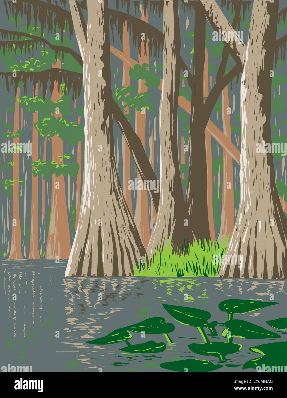 Poster art WPA del Parco Nazionale delle Everglades, la più grande natura selvaggia tropicale situata in Florida USA, realizzato nell'amministrazione dei progetti o nell'arte federale Illustrazione Vettoriale
