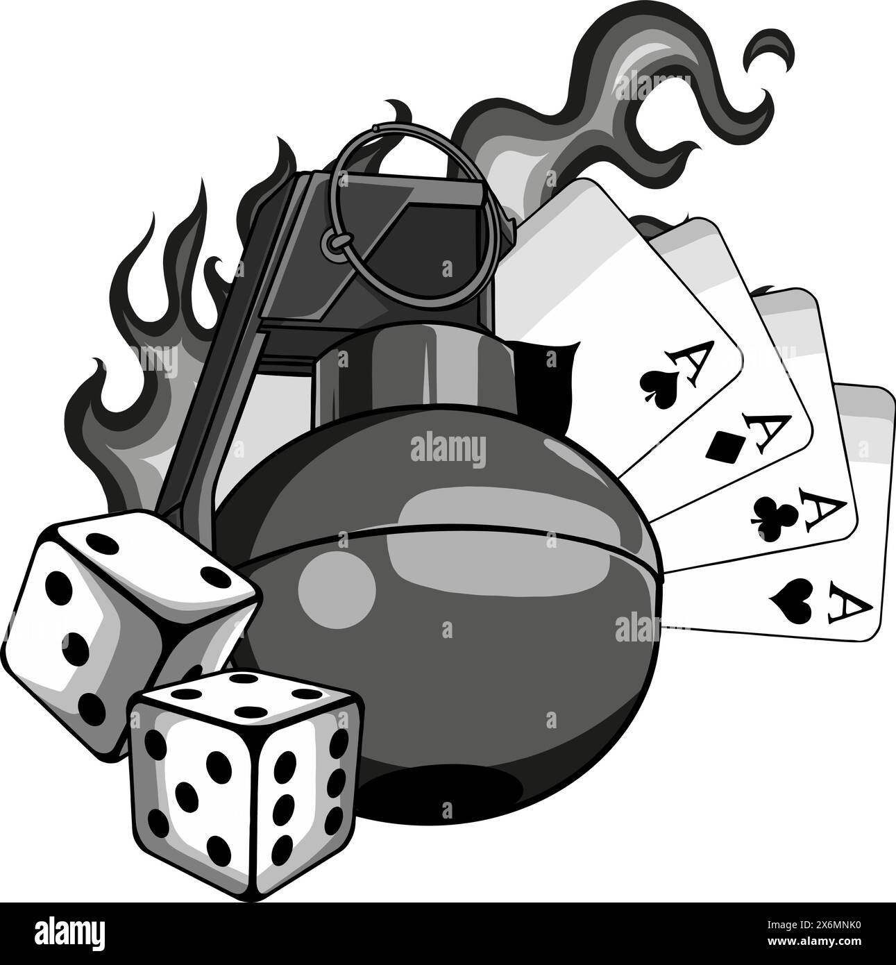 illustrazione vettoriale di granata a mano con dadini e carte da poker Illustrazione Vettoriale