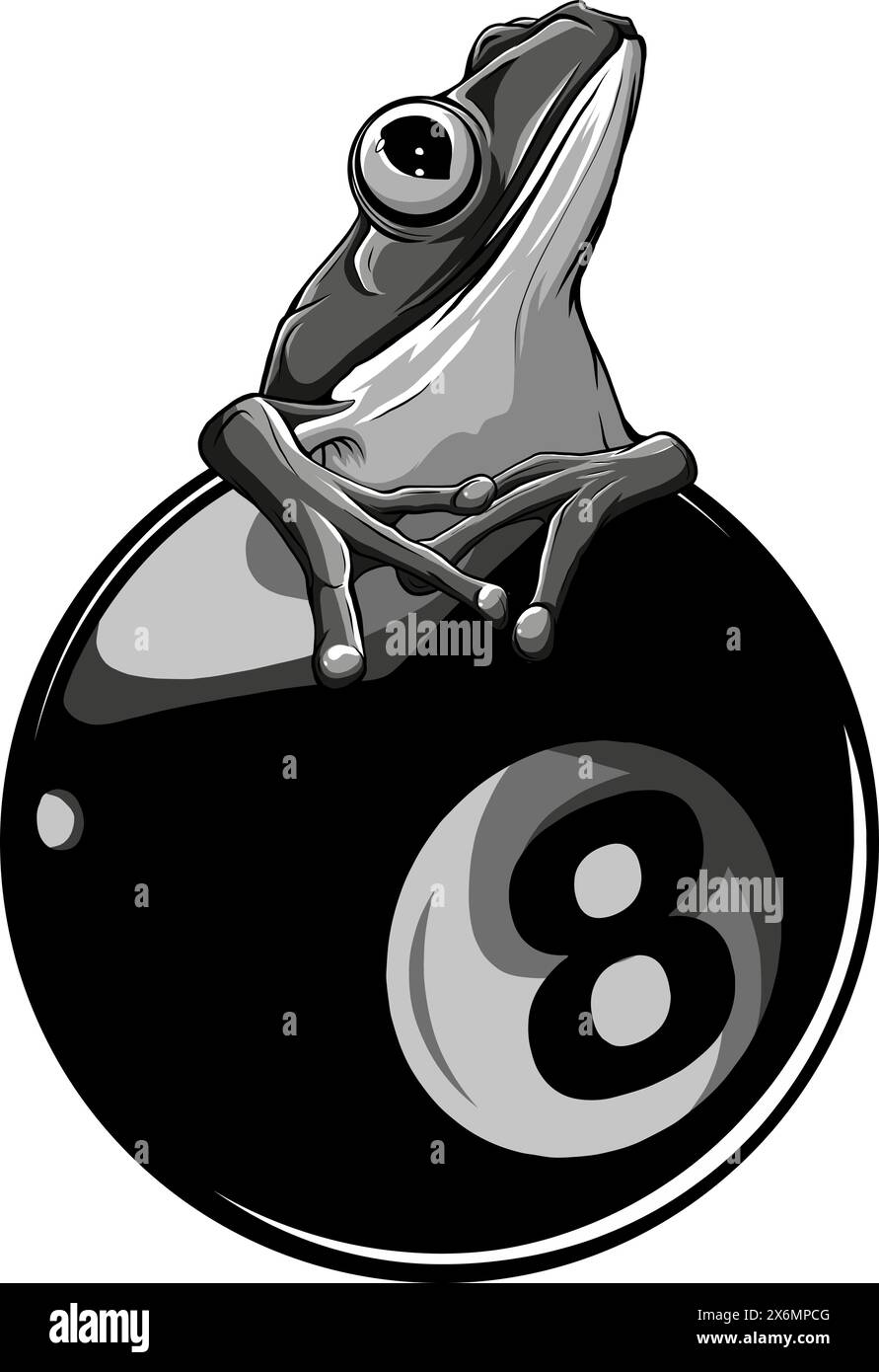 Illustrazione vettoriale di rana monocromatica su 8 Ball Billards Pool Game Nero Illustrazione Vettoriale