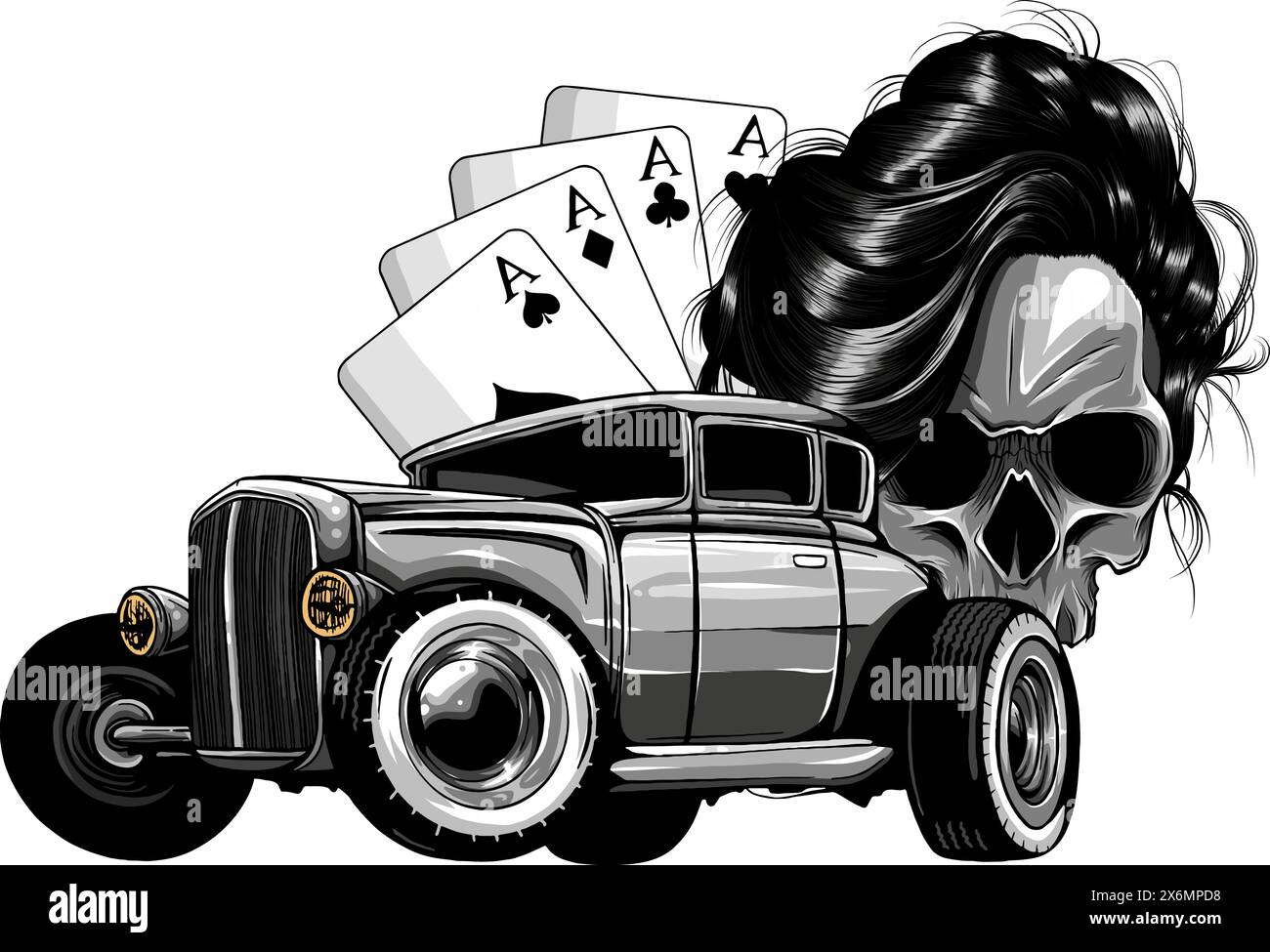 Illustrazione vettoriale del cranio monocromatico con asta calda e assi da poker su sfondo bianco Illustrazione Vettoriale