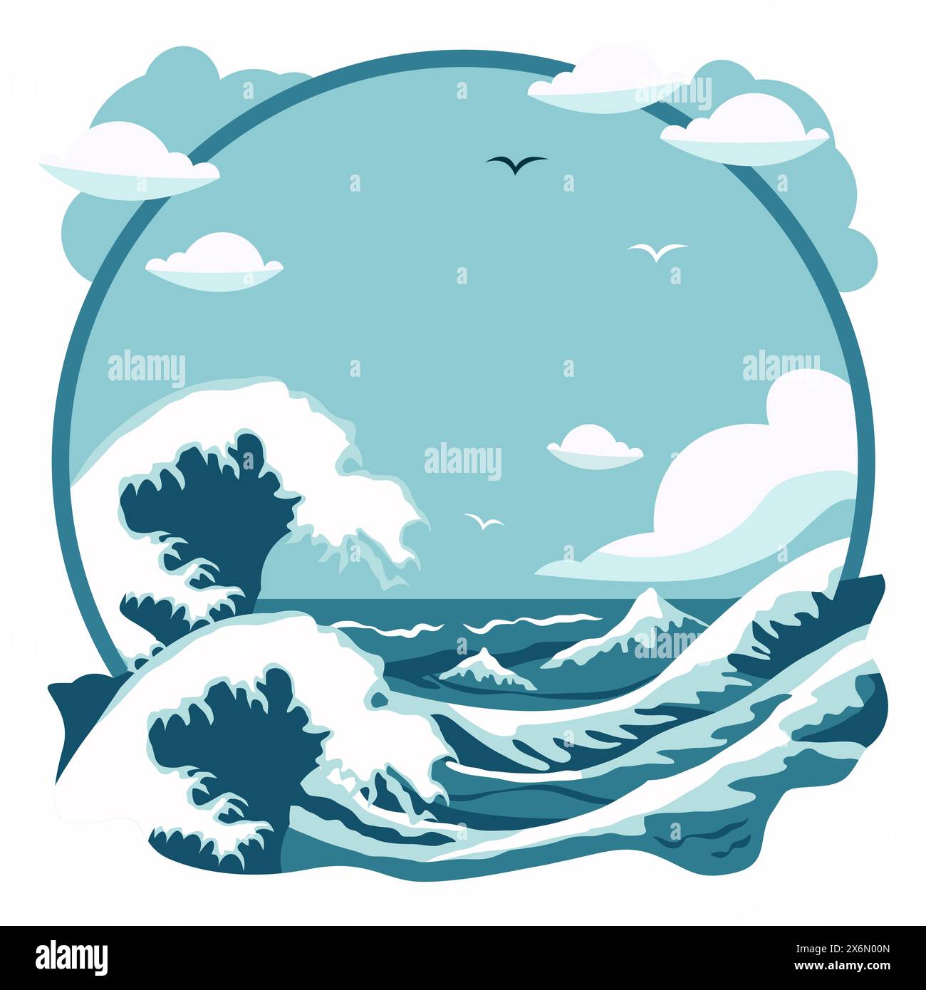 Sfondo Circle Frame con onde d'acqua Blue Sea Ocean in estate Illustrazione Vettoriale