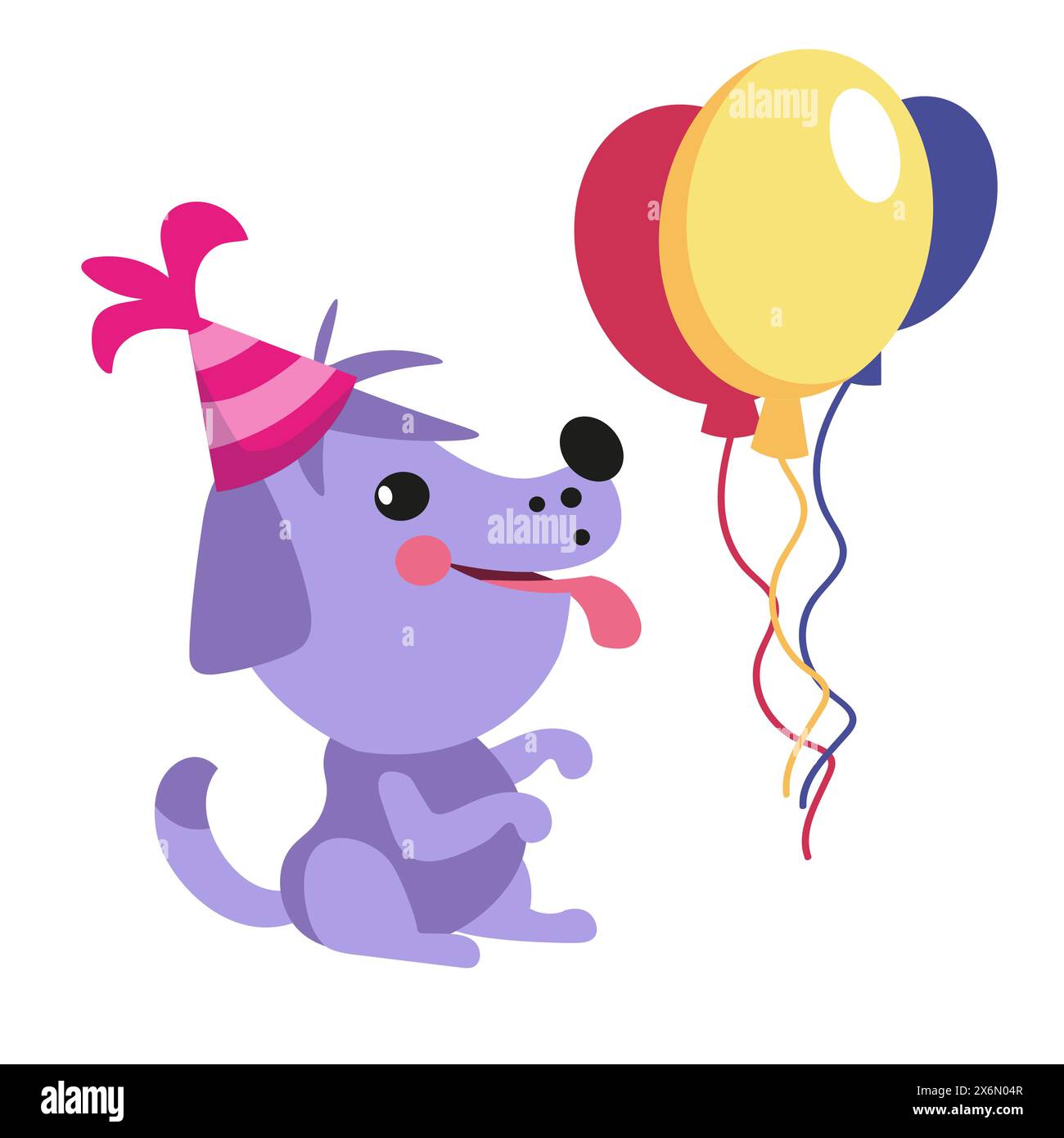 Cane con cappuccio e palloncini carini. Compleanno. Illustrazione isolata del vettore cartoni animati per la progettazione. Illustrazione Vettoriale