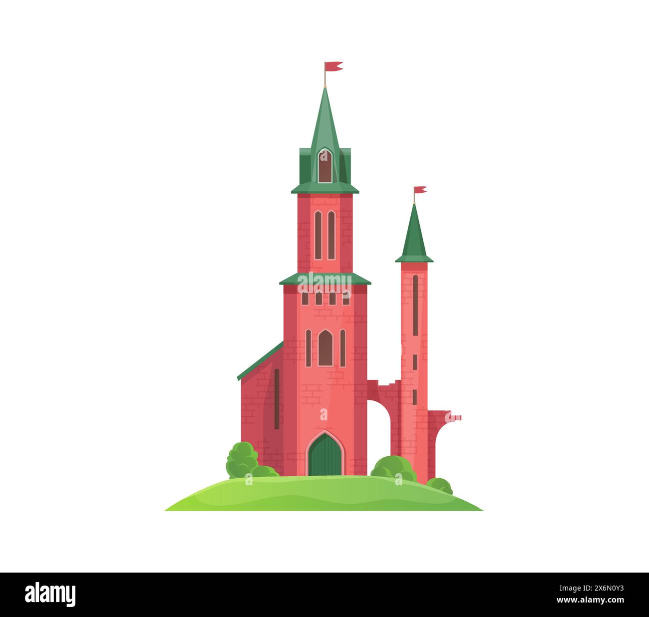 Castello dei cartoni animati, palazzo del regno. Isolata e stravagante fortezza da favola vettoriale con alte torri rosse sormontate da tetti conici verdi. Architettura medievale o fiabesca su una dolce collina verde Illustrazione Vettoriale