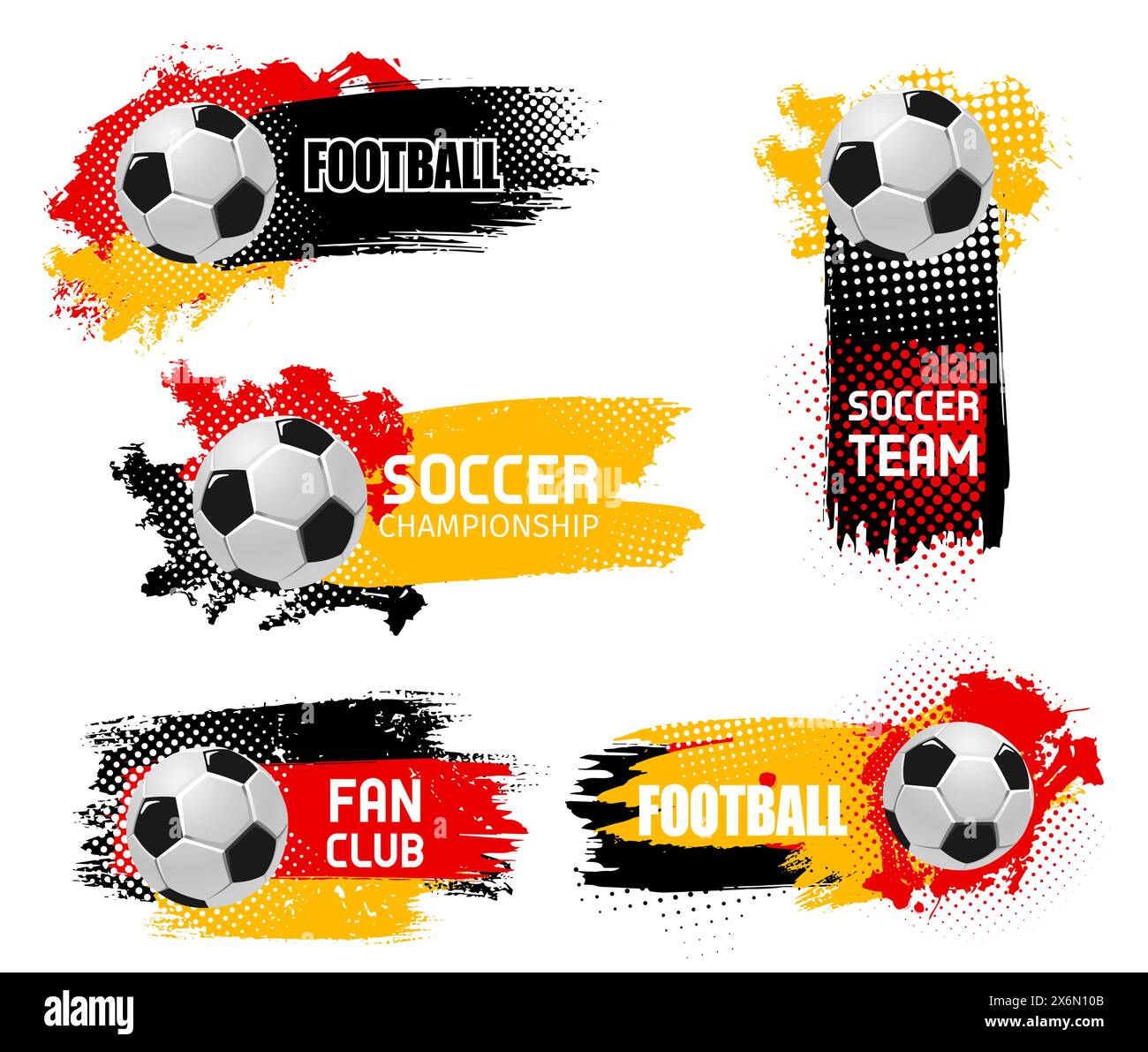 striscioni grunge per coppa da calcio da 2024 euro con palline da calcio 3d ed effetto mezzitoni. Striscioni sportivi vettoriali con spruzzi di vernice in rosso, giallo e nero per campionato, fan club, spirito di squadra, competizione Illustrazione Vettoriale