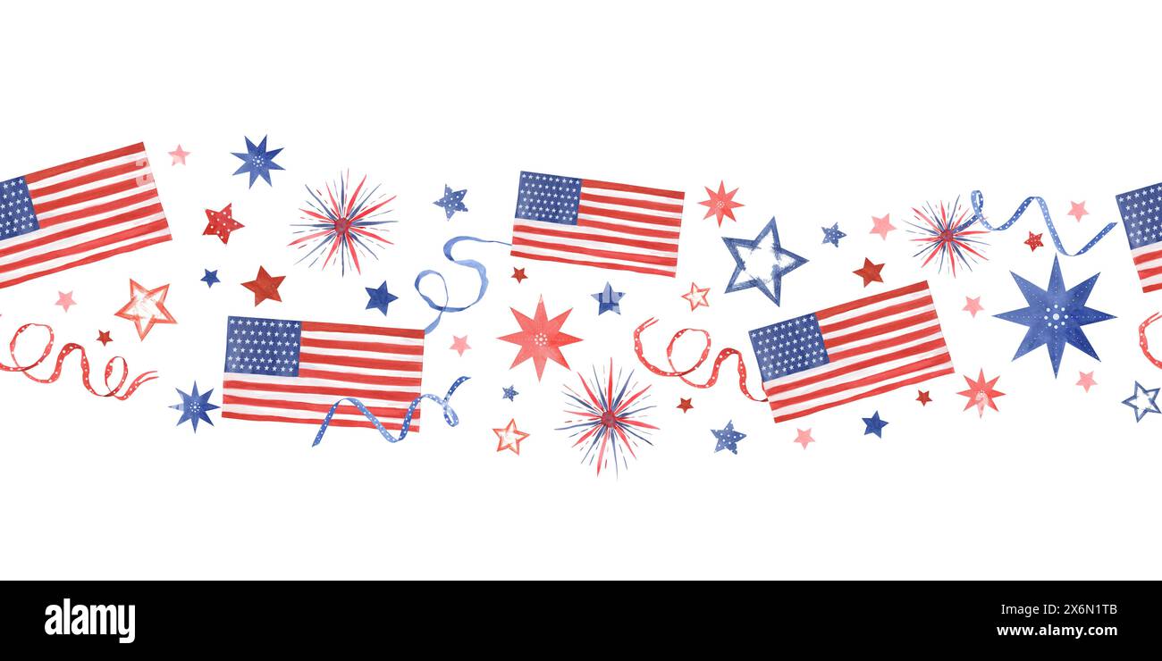 Americani e stelle. Nastri di festa, fuochi d'artificio. Bordo orizzontale senza interruzioni dei simboli patriottici nazionali. American Independence Day, Columbus Day Foto Stock