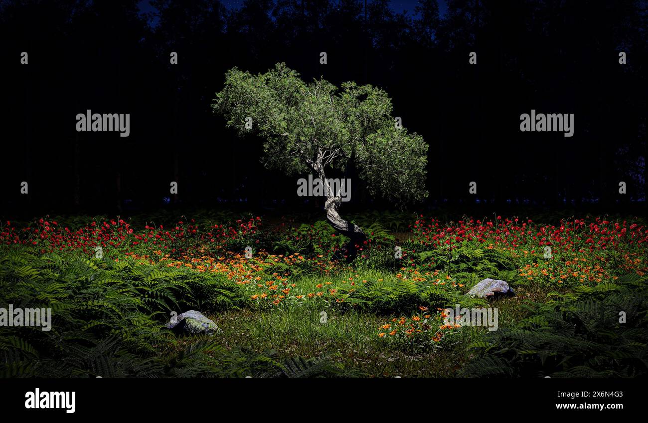 Una foresta luminosa che si radura con un vecchio albero storto sotto il quale fioriscono fiori colorati circondati da una notte stellata e scura - illustrazione 3d. Foto Stock