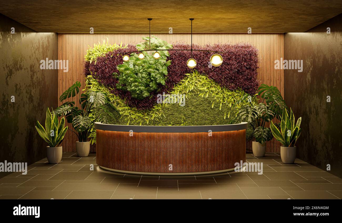 Interni eleganti con pareti dal design naturale che combina architettura moderna con elementi della natura - illustrazione 3d. Foto Stock