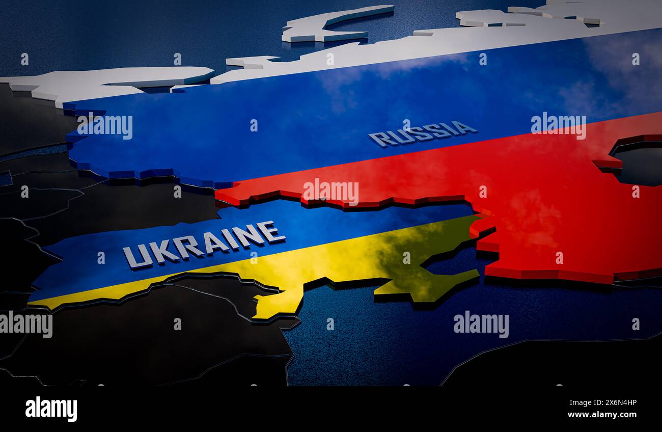 russia ucraina guerra 3d mappa - illustrazione 3D. Foto Stock