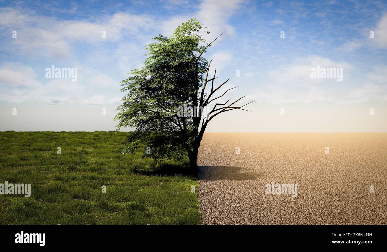 Cambiamento climatico dalla crescita verde alla siccità - illustrazione 3D. Foto Stock