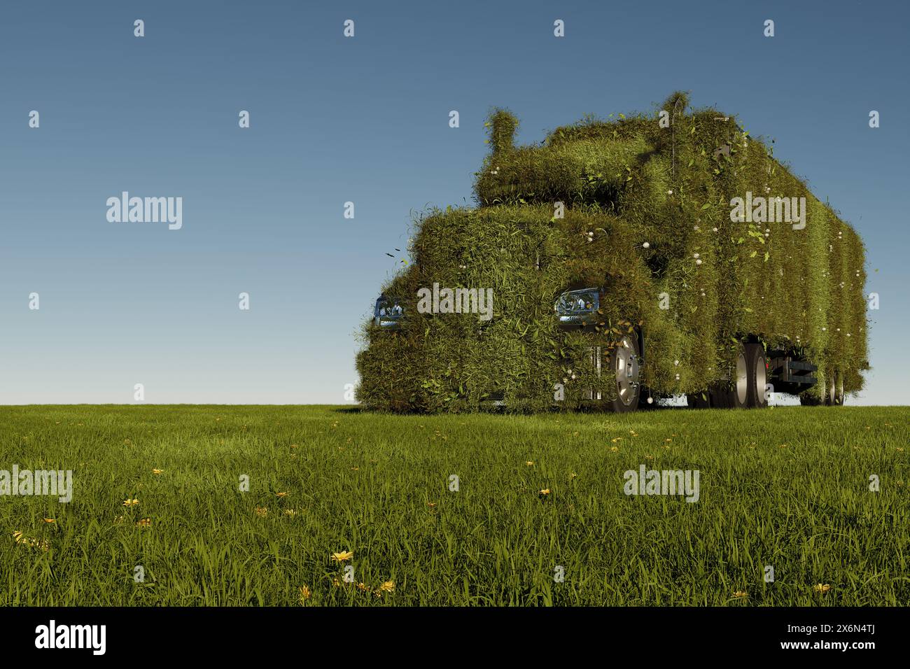Concetto di trasporto ecologico. 3D rendering di un camion verde su un prato fresco di primavera con cielo blu sullo sfondo - 3D Illustrazione Foto Stock