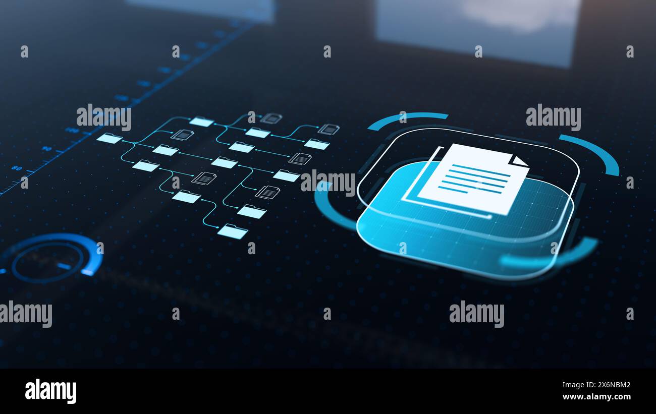 Sistema di gestione dei documenti che utilizza l'intelligenza artificiale per processi automatizzati, migliorando la produttività del flusso di lavoro e l'organizzazione. Interfaccia utente olografica futuristica. Digitale Foto Stock