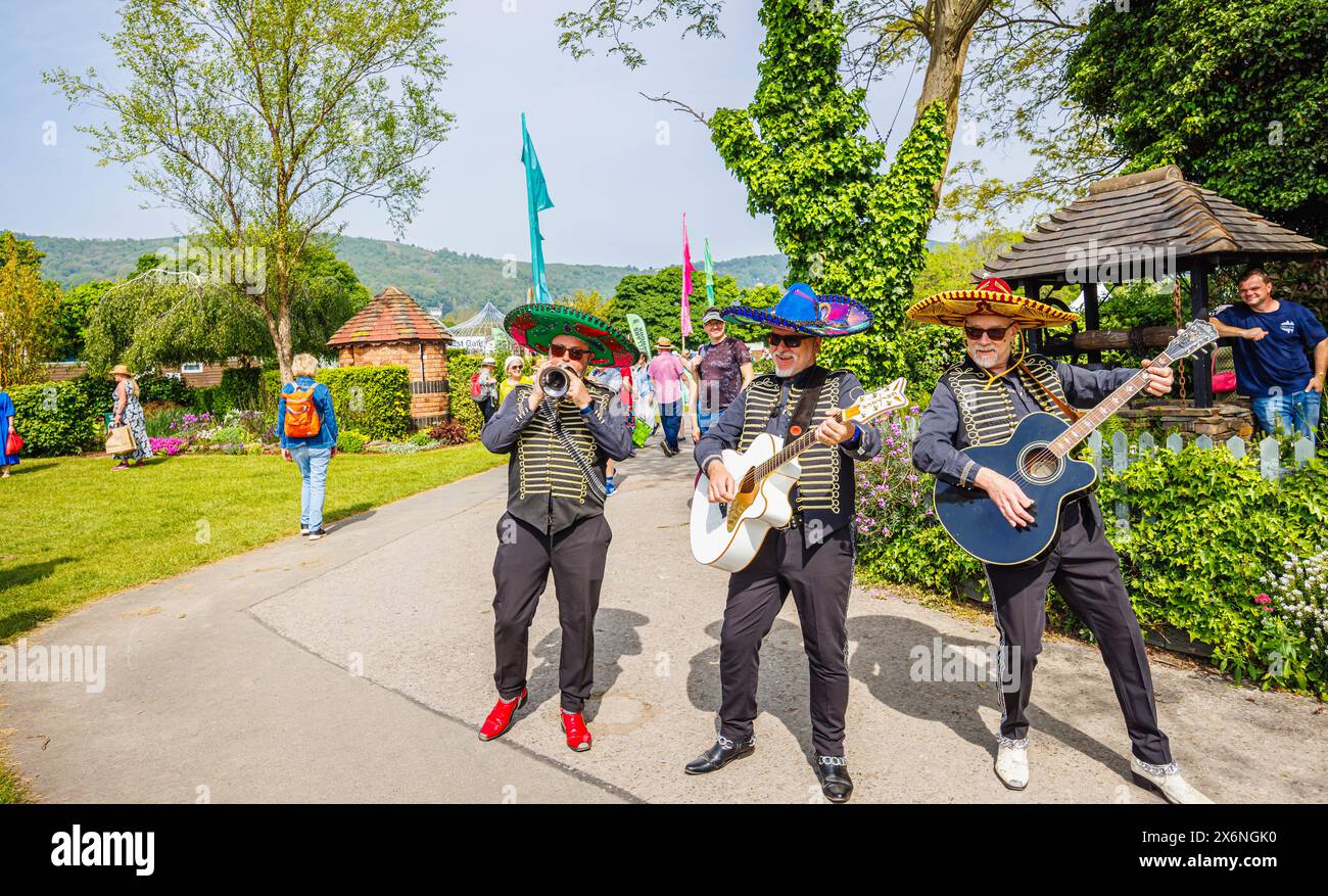 Musicisti vistosi che divertono la folla all'RHS Malvern Spring Festival al Three Counties Showground di Malvern Foto Stock