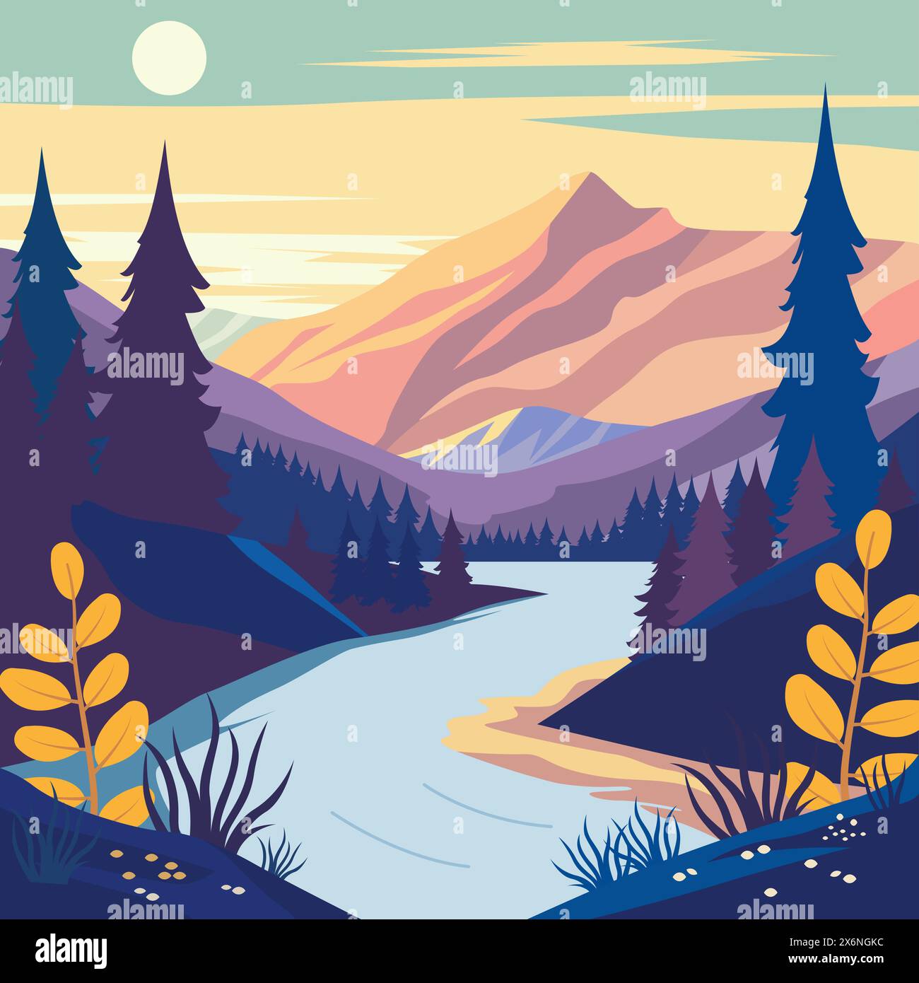 Vista colorata della natura del fiume Mountain con Pine Tree nella foresta in un giorno di sole Illustrazione Vettoriale