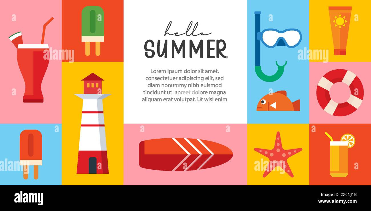 Design di banner e poster per l'estate. Estate con elementi di sfondo oggetti. Illustrazione Vettoriale
