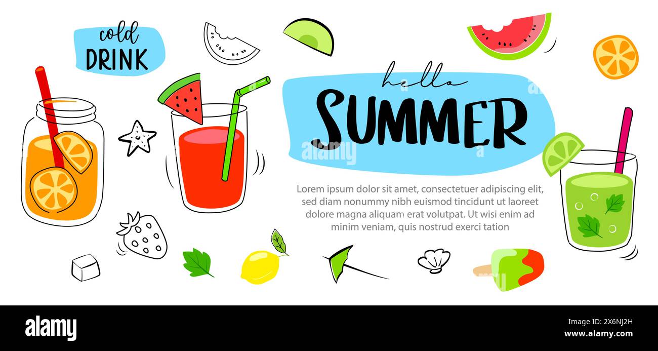Buongiorno estate con una bevanda fredda sullo sfondo in stile doodles. Striscioni estivi disegnati a mano. Illustrazione Vettoriale