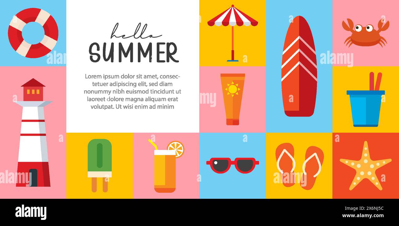 Design di banner e poster per l'estate. Estate con elementi di sfondo oggetti. Illustrazione Vettoriale