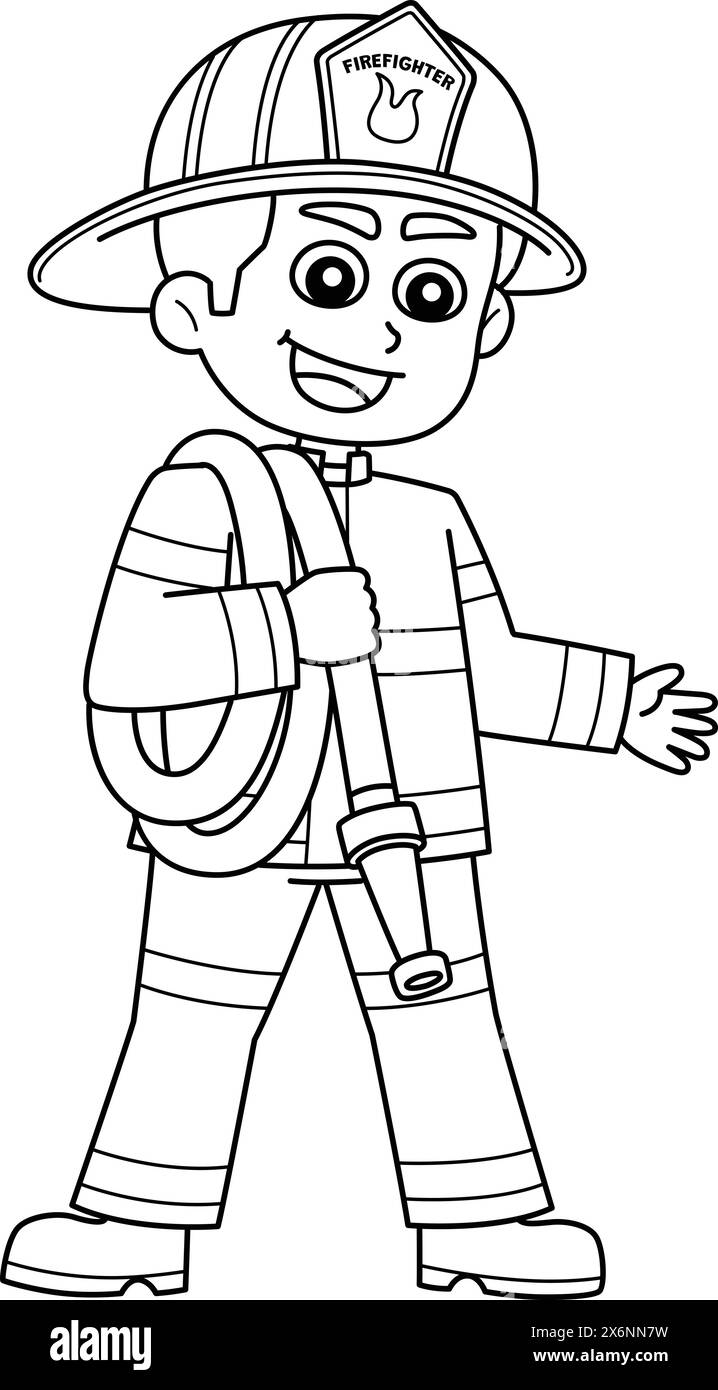 Vigile del fuoco che trasportano un tubo antincendio isolato da colorare Illustrazione Vettoriale